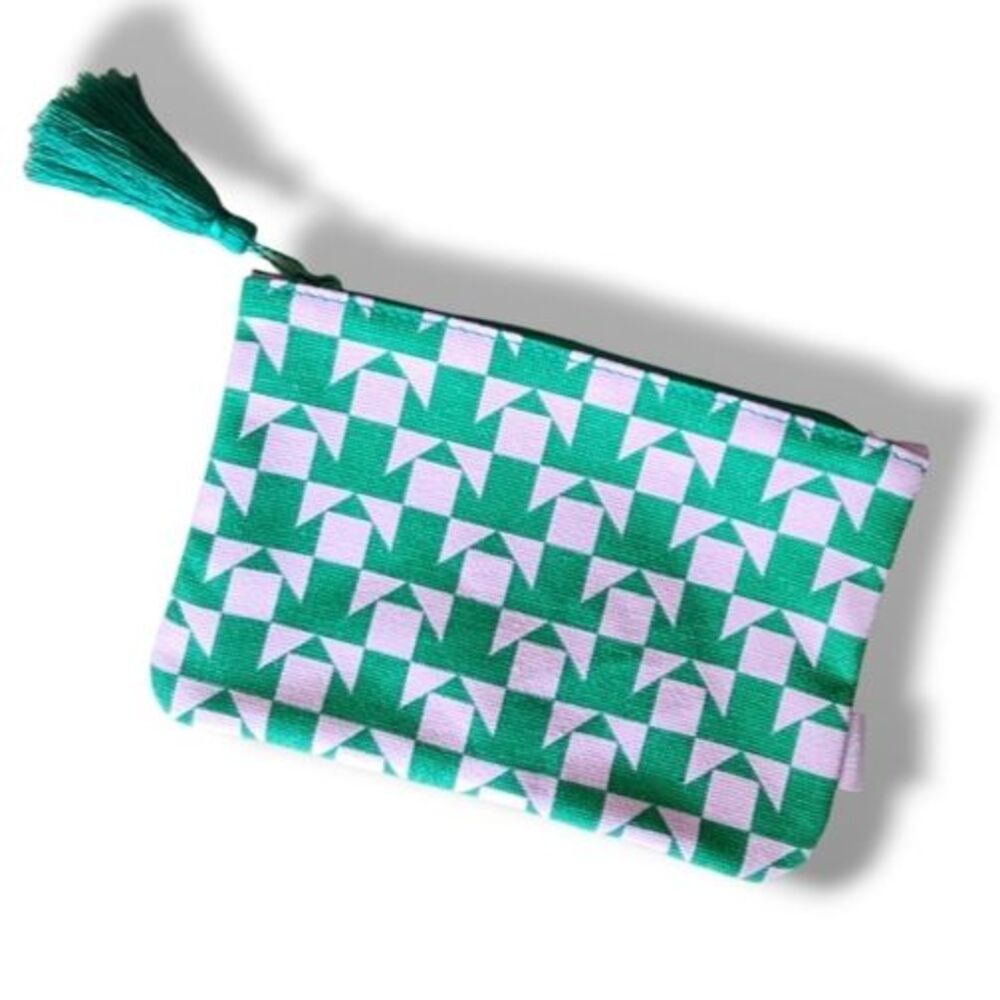 Ipsy Tassel Pouch Zippered Cosmetic Bag Geometric Green & Soft Pink Toiletries - Picture 1 of 10